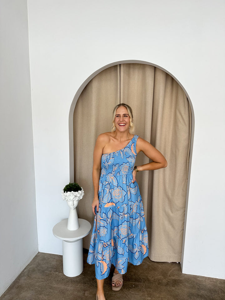 princess polly baby blue dress Beverly- Bloom Print In Blue & Orange Summer Dress – The Gaima Label main image 0